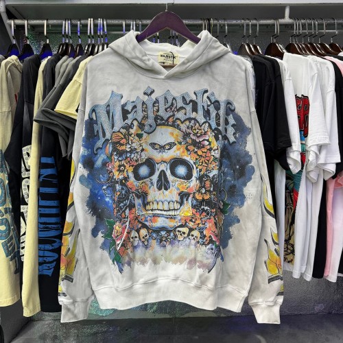 Majestik Washed Rhinestone Gothic Letter Floral Skull Butterfly Print Double Sleeve Flame Hoodie 29520128