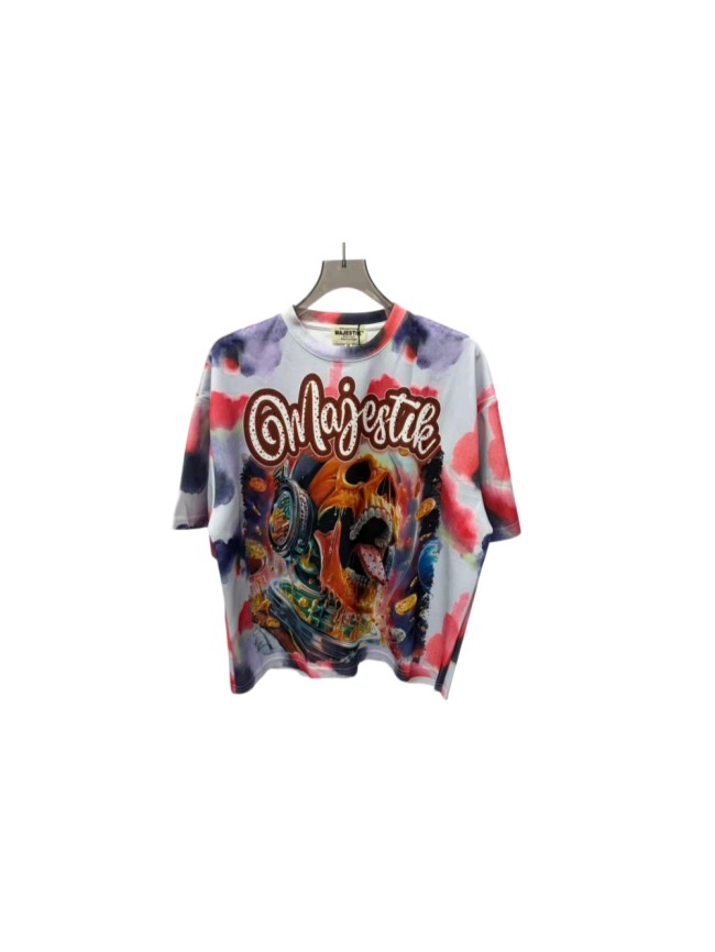 Majestik Watercolor Tie Dye All Over Print Rhinestone Cursive Letter Headphone Skull Gold Coin Tee 29520263