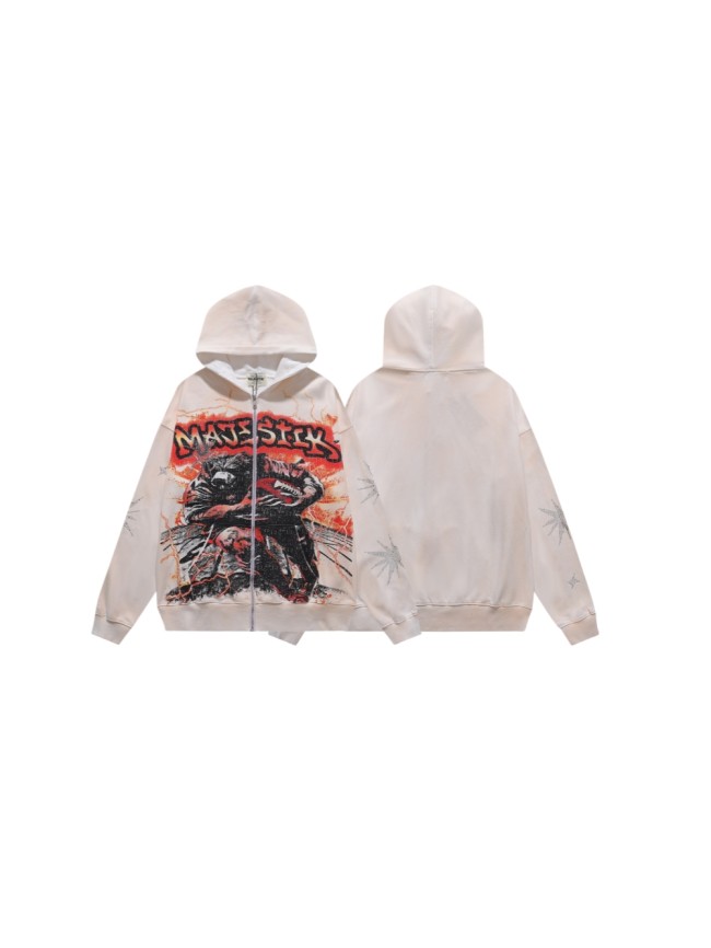 Majestik Graffiti Letter Football Player Lightning Double Sleeve Rhinestone Starburst Full Zip Hoodie 29520147