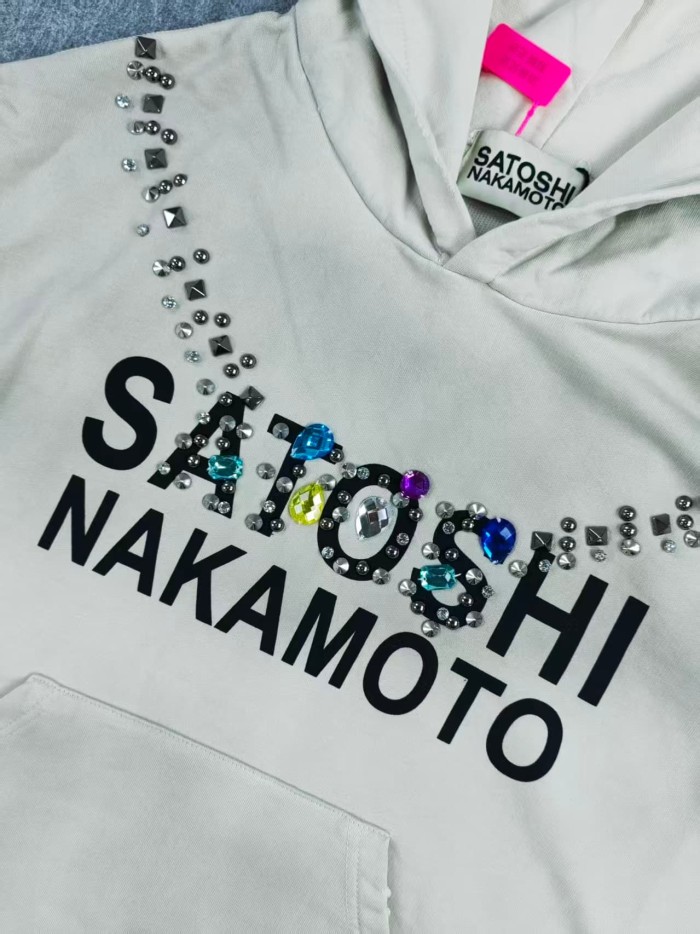 Satoshi Nakamoto Colorful Rhinestone Rivet Letter Print Cropped Loose Hoodie 2 colors 29493456