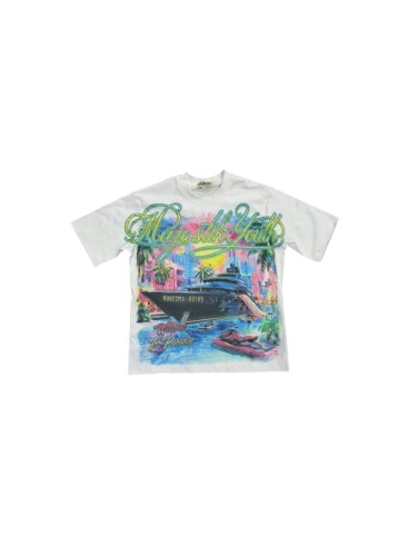 Majestik Rhinestone Cursive Letter Yacht Miami Sunset Palm Print Tee 29520295