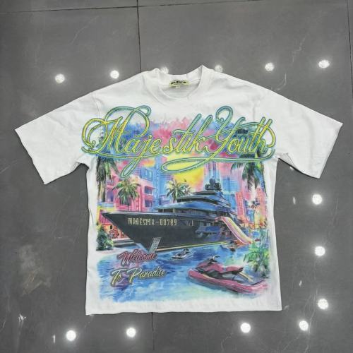 Majestik Rhinestone Cursive Letter Yacht Miami Sunset Palm Print Tee 29520295