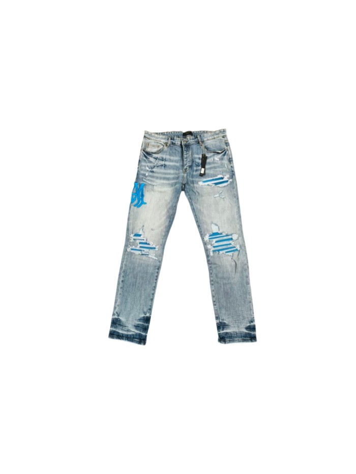 Amiri 1:1 quality version Blue 3D Paw Embroidery Ripped Jeans 29080647