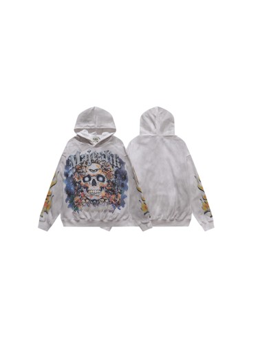 Majestik Washed Rhinestone Gothic Letter Floral Skull Butterfly Print Double Sleeve Flame Hoodie 29520128