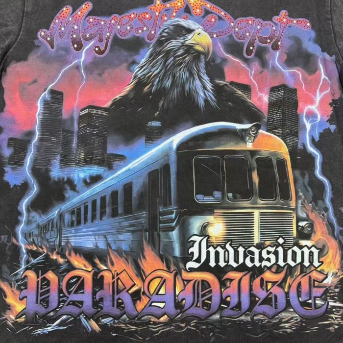 Majestik Rhinestone Graffiti Letter Eagle Train Flame City Lightning Print Tee 29520266