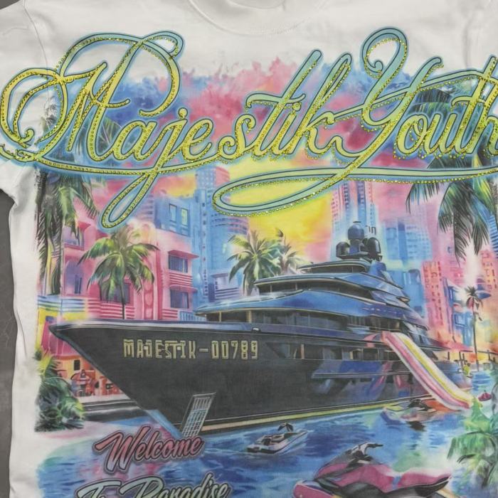 Majestik Rhinestone Cursive Letter Yacht Miami Sunset Palm Print Tee 29520295