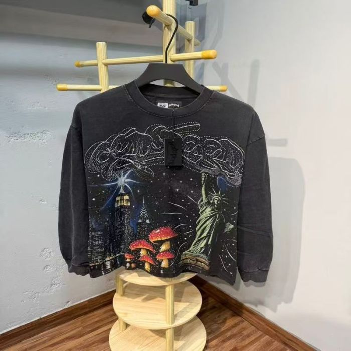 Godspeed Statue Rhinestone Script Letter Liberty NYC Night Mushroom Print Long Sleeve T-Shirt 2 colors 29523634