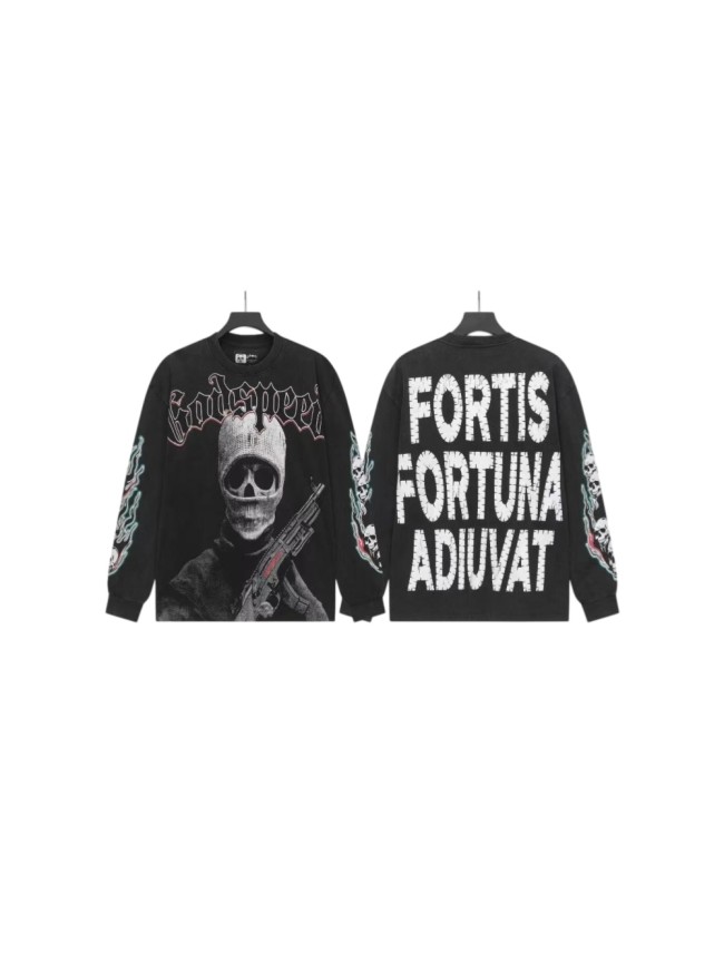 Godspeed Wash Gothic Letter Ski Mask Skull Rifle Sleeve Flame Long Sleeve T-Shirt 29523915