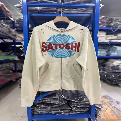 Satoshi Nakamoto Spiral Target Print Red Glitter Letter Distressed Hole Full Zip Hoodie 29523480