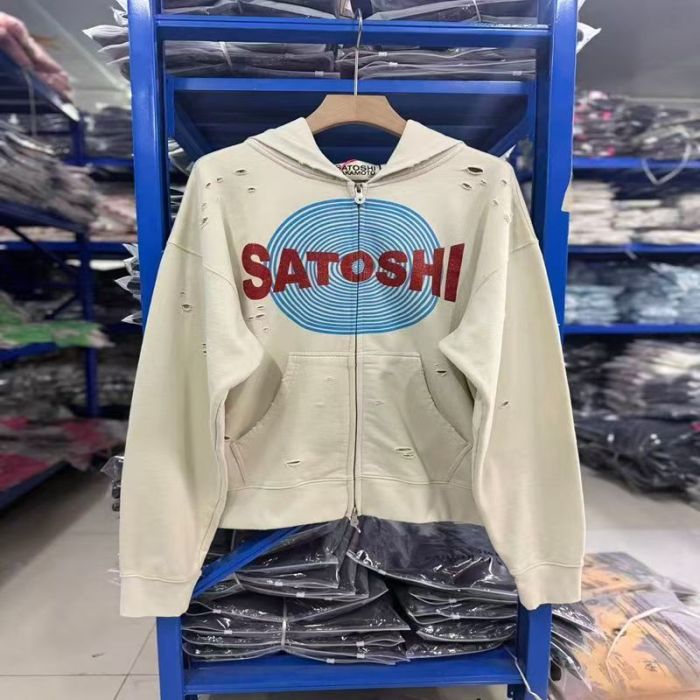 Satoshi Nakamoto Spiral Target Print Red Glitter Letter Distressed Hole Full Zip Hoodie 29523480