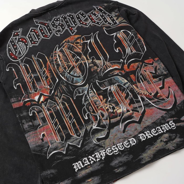 Godspeed Wash Rhinestone Gothic Letter Skull Sports Car Gas Station Long Sleeve T-Shirt 29523938