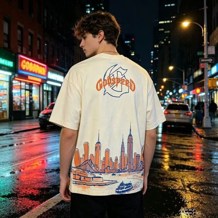 Godspeed Oval Logo Liberty NYC Skyline Orange Blue Line Art Print T-Shirt 29523707