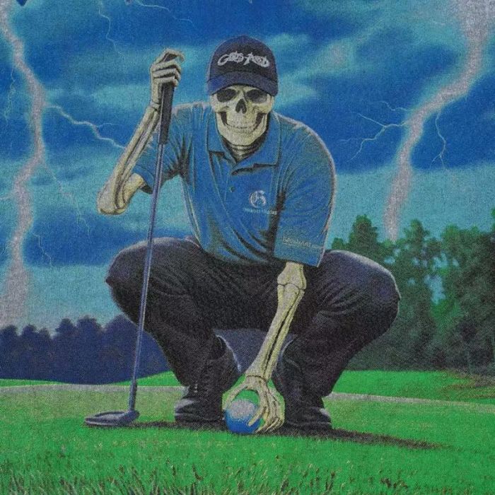 Godspeed Statue Wash Gothic Letter Skeleton Golf Course Lightning Print Letter Long Sleeve T-Shirt 29523530