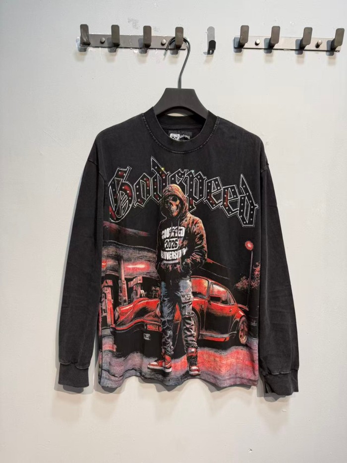 Godspeed Wash Rhinestone Gothic Letter Skull Sports Car Gas Station Long Sleeve T-Shirt 29523938