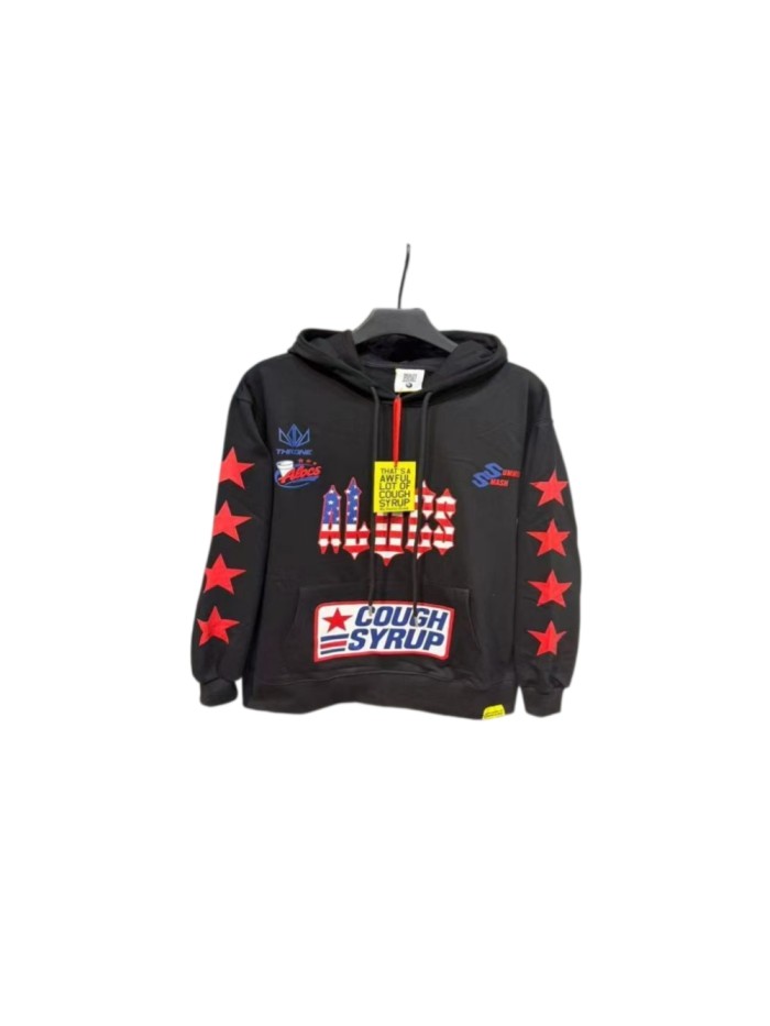 Cough Syrup Alocs Black Flag Pattern Gothic Letter Racing 96 Red Star Sleeve Hoodie 29523671