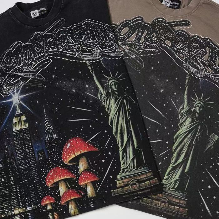 Godspeed Statue Rhinestone Script Letter Liberty NYC Night Mushroom Print Long Sleeve T-Shirt 2 colors 29523634