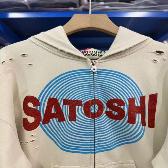 Satoshi Nakamoto Spiral Target Print Red Glitter Letter Distressed Hole Full Zip Hoodie 29523480