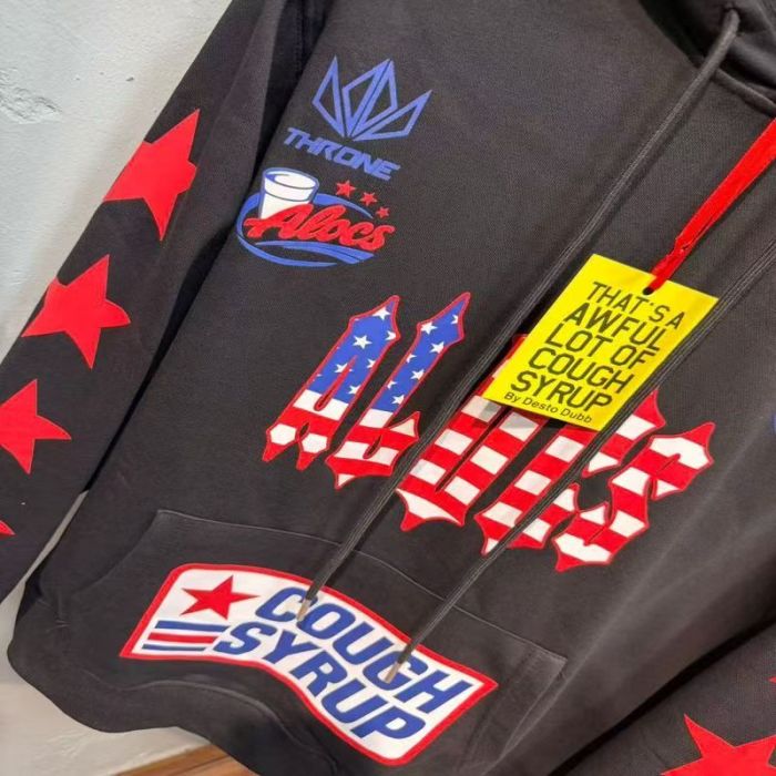 Cough Syrup Alocs Black Flag Pattern Gothic Letter Racing 96 Red Star Sleeve Hoodie 29523671