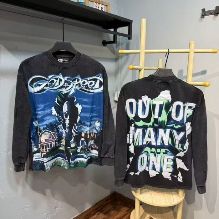 Godspeed Statue Chrome Letter Alien Suburb Night Print Back 3D Torn Paper Letter Long Sleeve T-Shirt 29523528