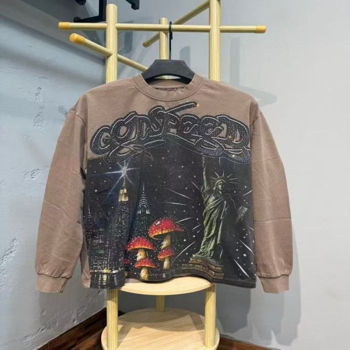 Godspeed Statue Rhinestone Script Letter Liberty NYC Night Mushroom Print Long Sleeve T-Shirt 2 colors 29523634