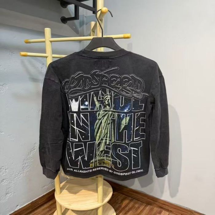 Godspeed Statue Rhinestone Script Letter Liberty NYC Night Mushroom Print Long Sleeve T-Shirt 2 colors 29523634