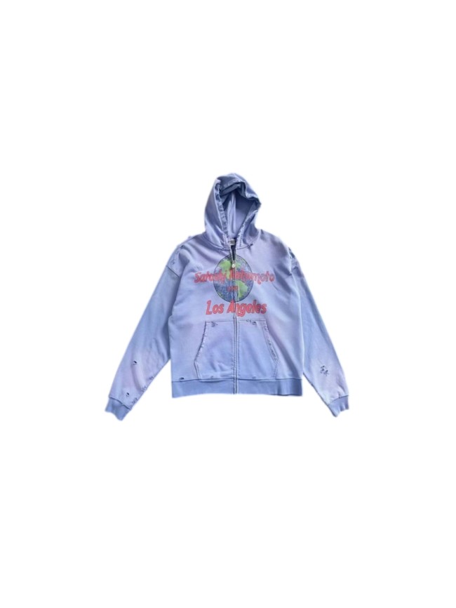 Satoshi Nakamoto Washed Earth Print Red Cursive Letter Distressed Hole Full Zip Hoodie 29523495