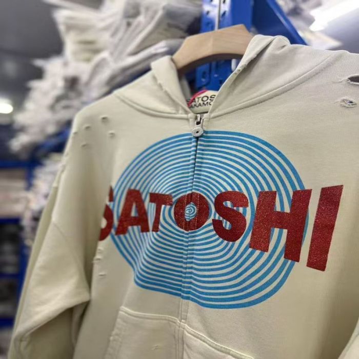 Satoshi Nakamoto Spiral Target Print Red Glitter Letter Distressed Hole Full Zip Hoodie 29523480