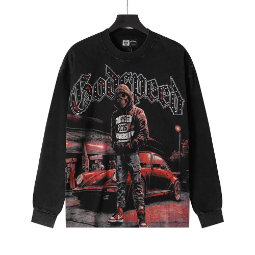Godspeed Wash Rhinestone Gothic Letter Skull Sports Car Gas Station Long Sleeve T-Shirt 29523938