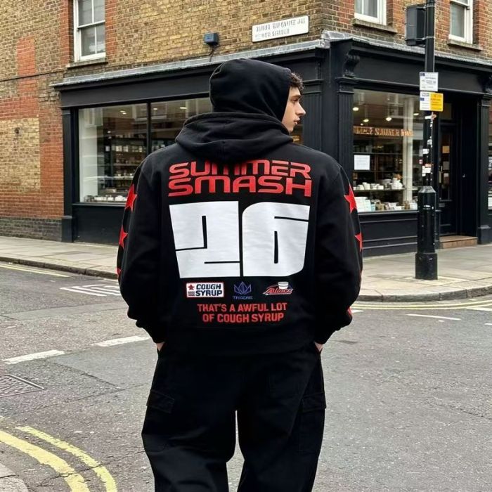 Cough Syrup Alocs Black Flag Pattern Gothic Letter Racing 96 Red Star Sleeve Hoodie 29523671