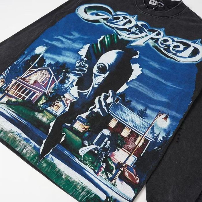 Godspeed Statue Chrome Letter Alien Suburb Night Print Back 3D Torn Paper Letter Long Sleeve T-Shirt 29523528
