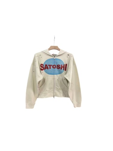 Satoshi Nakamoto Spiral Target Print Red Glitter Letter Distressed Hole Full Zip Hoodie 29523480