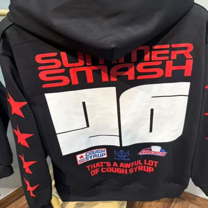 Cough Syrup Alocs Black Flag Pattern Gothic Letter Racing 96 Red Star Sleeve Hoodie 29523671