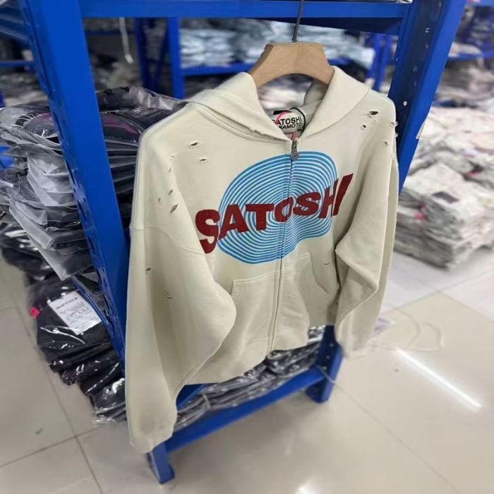 Satoshi Nakamoto Spiral Target Print Red Glitter Letter Distressed Hole Full Zip Hoodie 29523480
