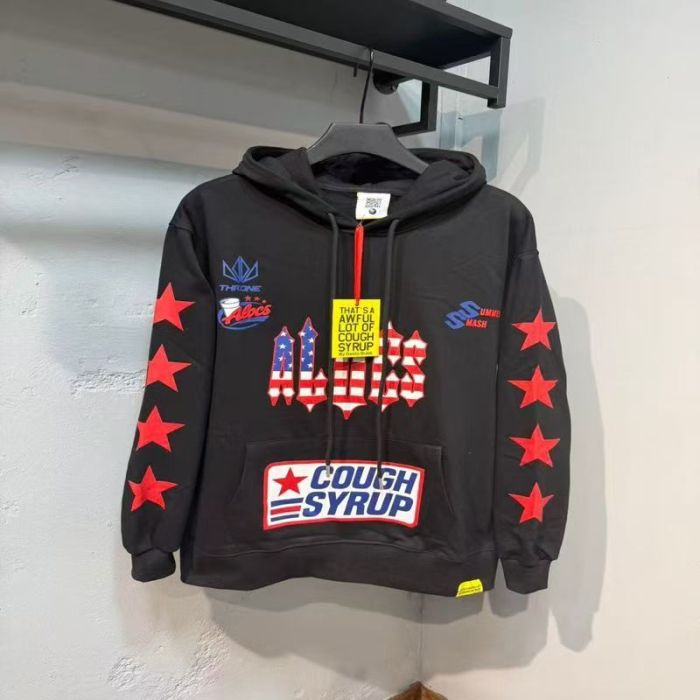 Cough Syrup Alocs Black Flag Pattern Gothic Letter Racing 96 Red Star Sleeve Hoodie 29523671