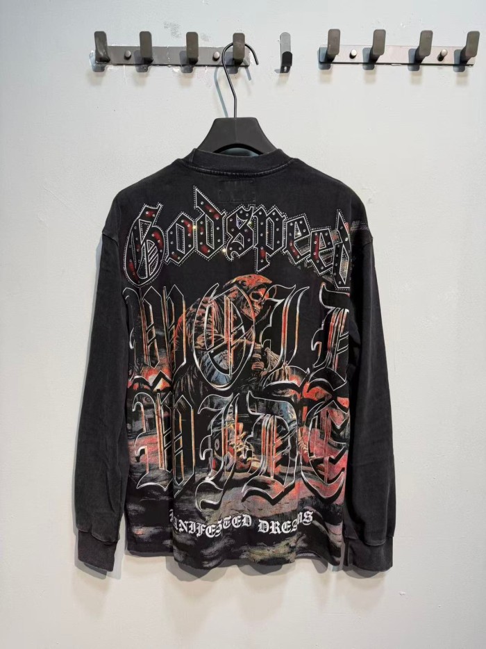 Godspeed Wash Rhinestone Gothic Letter Skull Sports Car Gas Station Long Sleeve T-Shirt 29523938