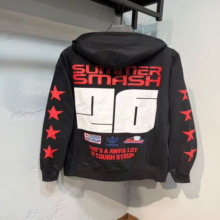 Cough Syrup Alocs Black Flag Pattern Gothic Letter Racing 96 Red Star Sleeve Hoodie 29523671