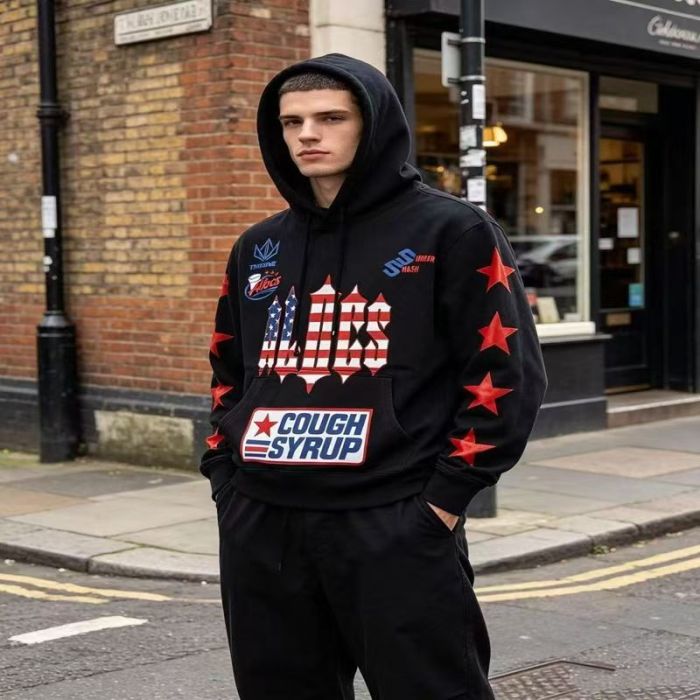 Cough Syrup Alocs Black Flag Pattern Gothic Letter Racing 96 Red Star Sleeve Hoodie 29523671