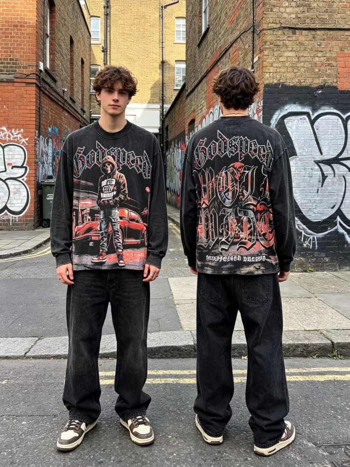 Godspeed Wash Rhinestone Gothic Letter Skull Sports Car Gas Station Long Sleeve T-Shirt 29523938