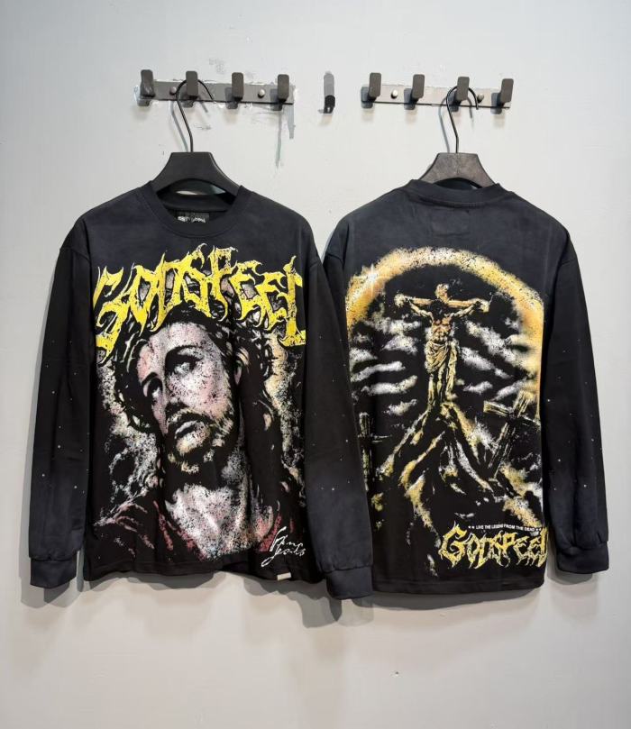 Godspeed Gothic Letter Jesus Portrait Back Crucifix Halo Rhinestone Long Sleeve T-Shirt 2 colors 29524800