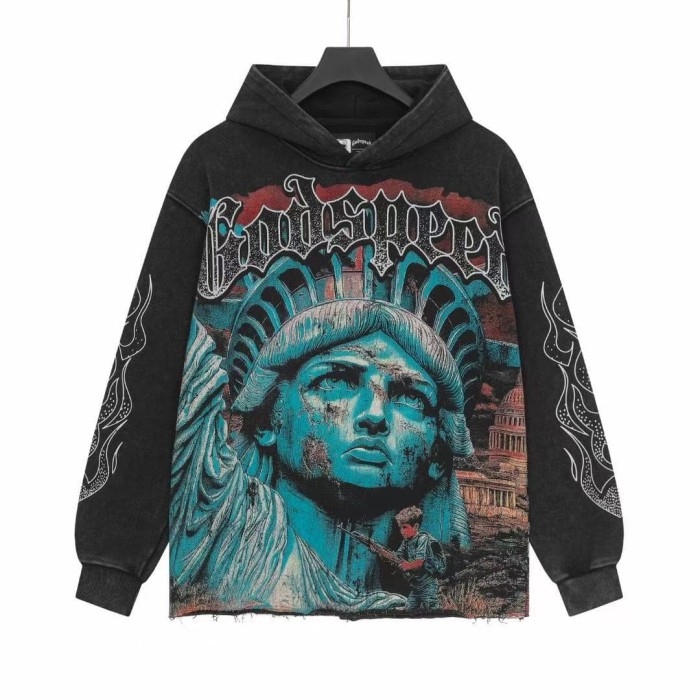 Godspeed Wash Gothic Letter Liberty Face Boy With Rifle Back War Slogan Hoodie 2 colors 29525011