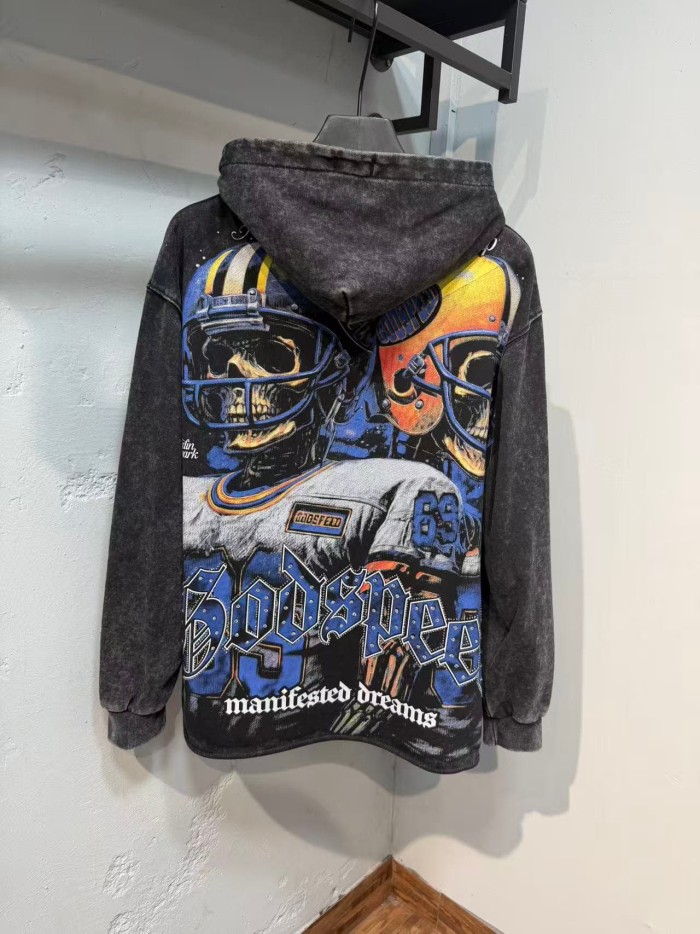 Godspeed Wash Blue Gothic Rhinestone Skeleton Football Player 69 Hoodie 29525017