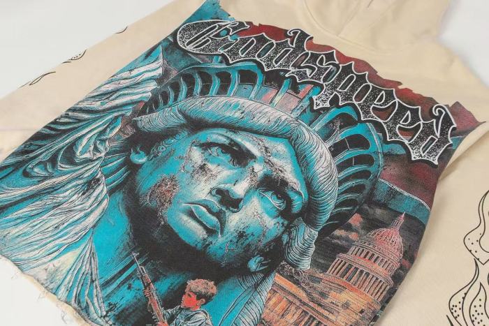 Godspeed Wash Gothic Letter Liberty Face Boy With Rifle Back War Slogan Hoodie 2 colors 29525011