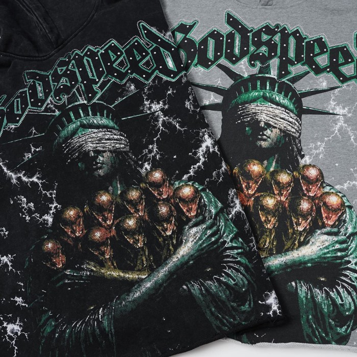 Godspeed Wash Green Gothic Rhinestone Blindfold Liberty Alien Lightning Hoodie 2 colors 29525003