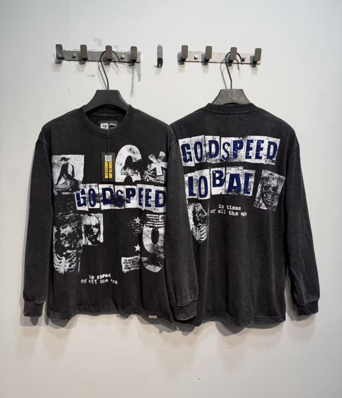 Godspeed Wash Blue Rhinestone Collage Photo Letter Long Sleeve T-Shirt 29524755