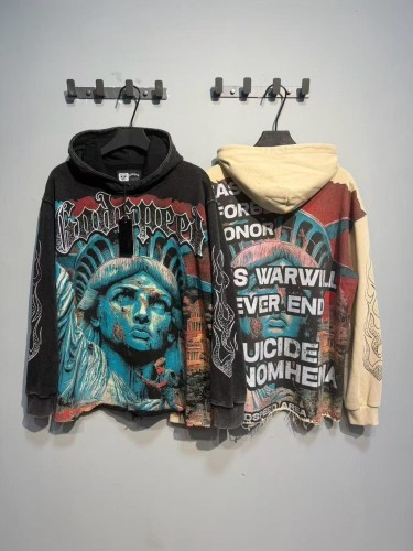 Godspeed Wash Gothic Letter Liberty Face Boy With Rifle Back War Slogan Hoodie 2 colors 29525011