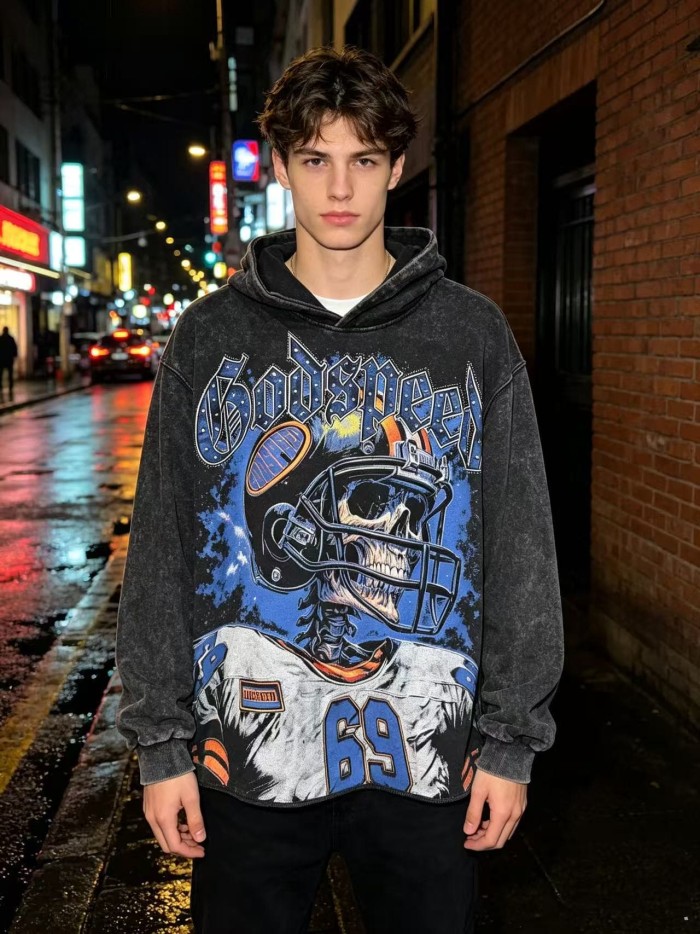 Godspeed Wash Blue Gothic Rhinestone Skeleton Football Player 69 Hoodie 29525017