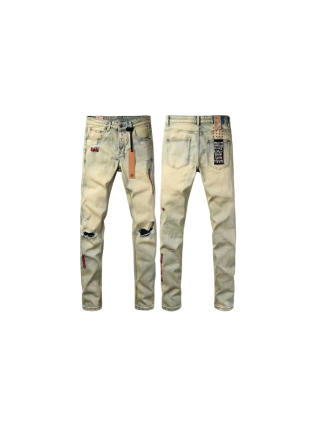 Ksubi 1:1 quality version Vintage Light Yellow Wash Red Embroidery Knee Rip Slim Fit Jeans 29524729