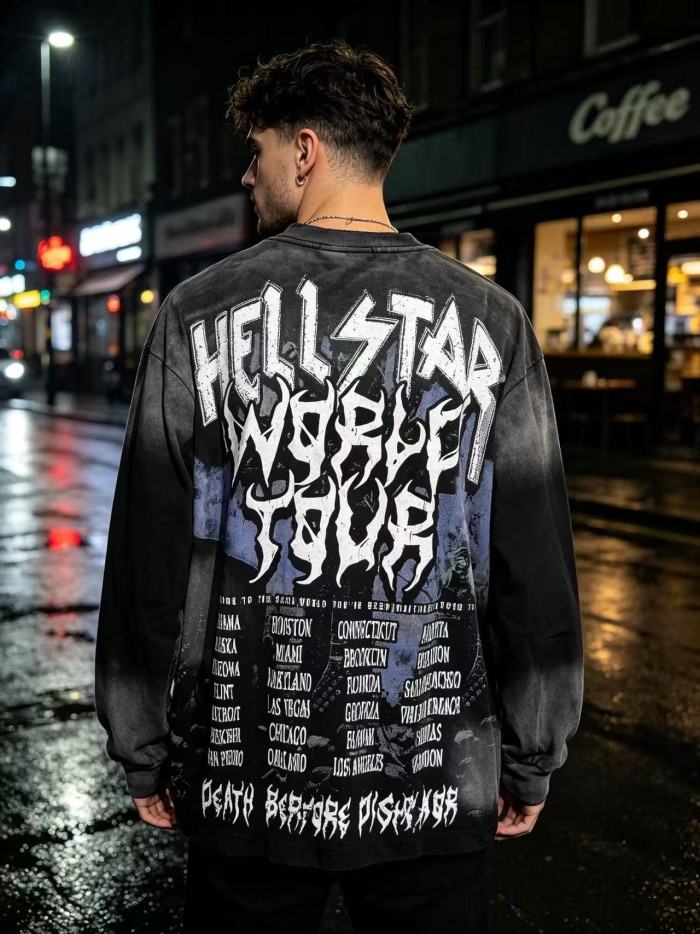 Hellstar Studio Letter Skeleton Electric Guitar Back World Tour City List Long Sleeve T-Shirt 29525049