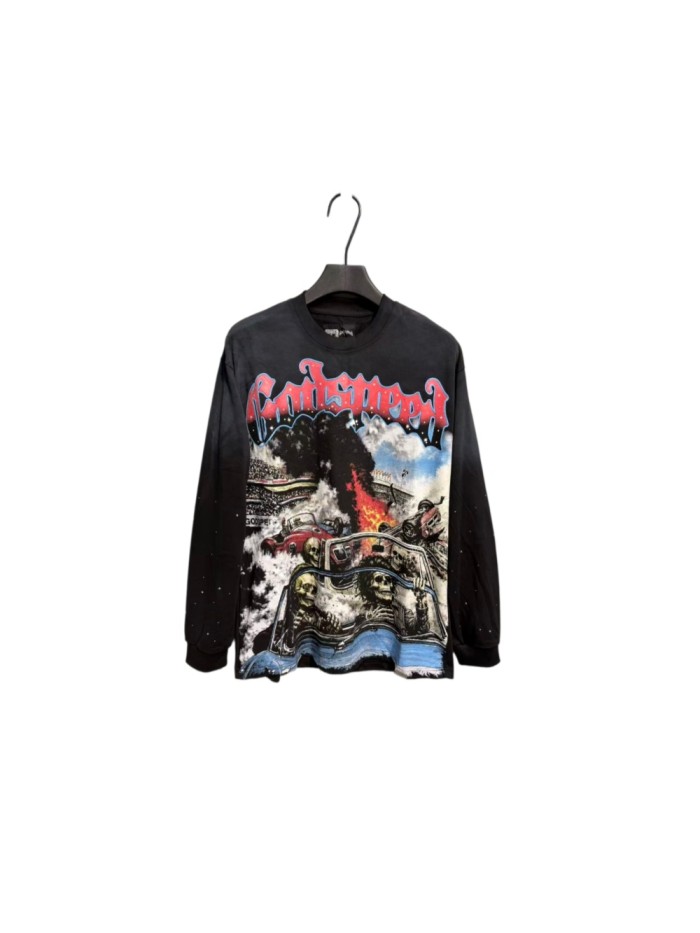 Godspeed Wash Gothic Letter Skeleton Car Crash Explosion Rhinestoner Long Sleeve T-Shirt 29524793