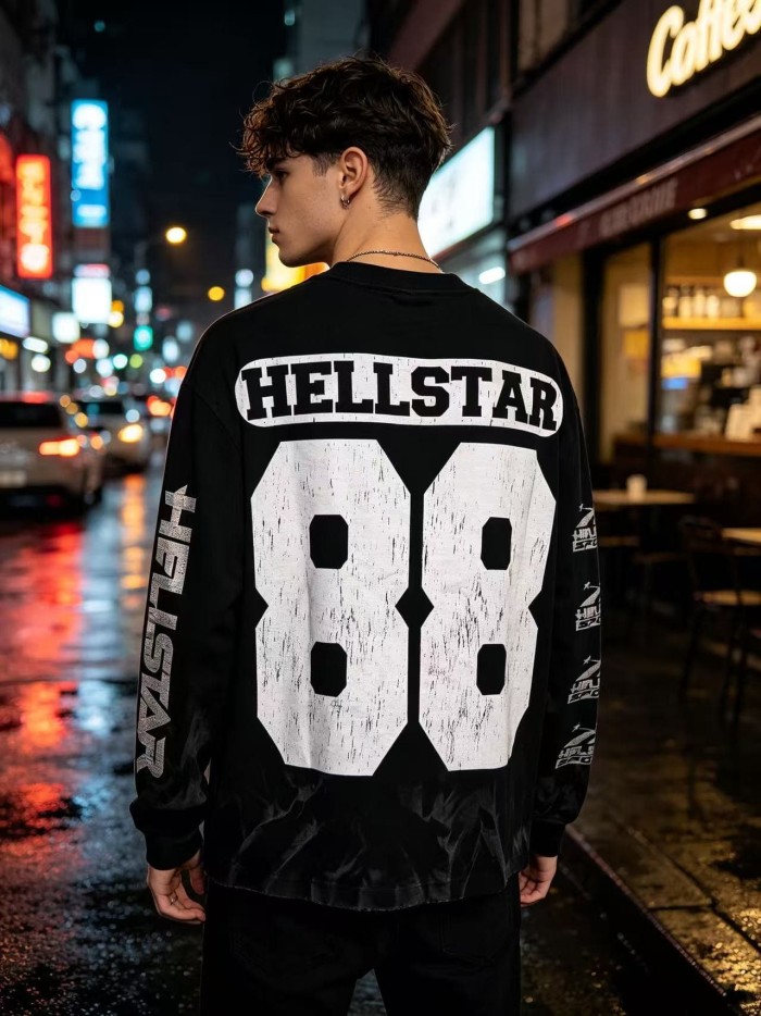 Hellstar Studio Distressed Blue Eyes Wire Net Face Back Number 88 Long Sleeve T-Shirt 29525093